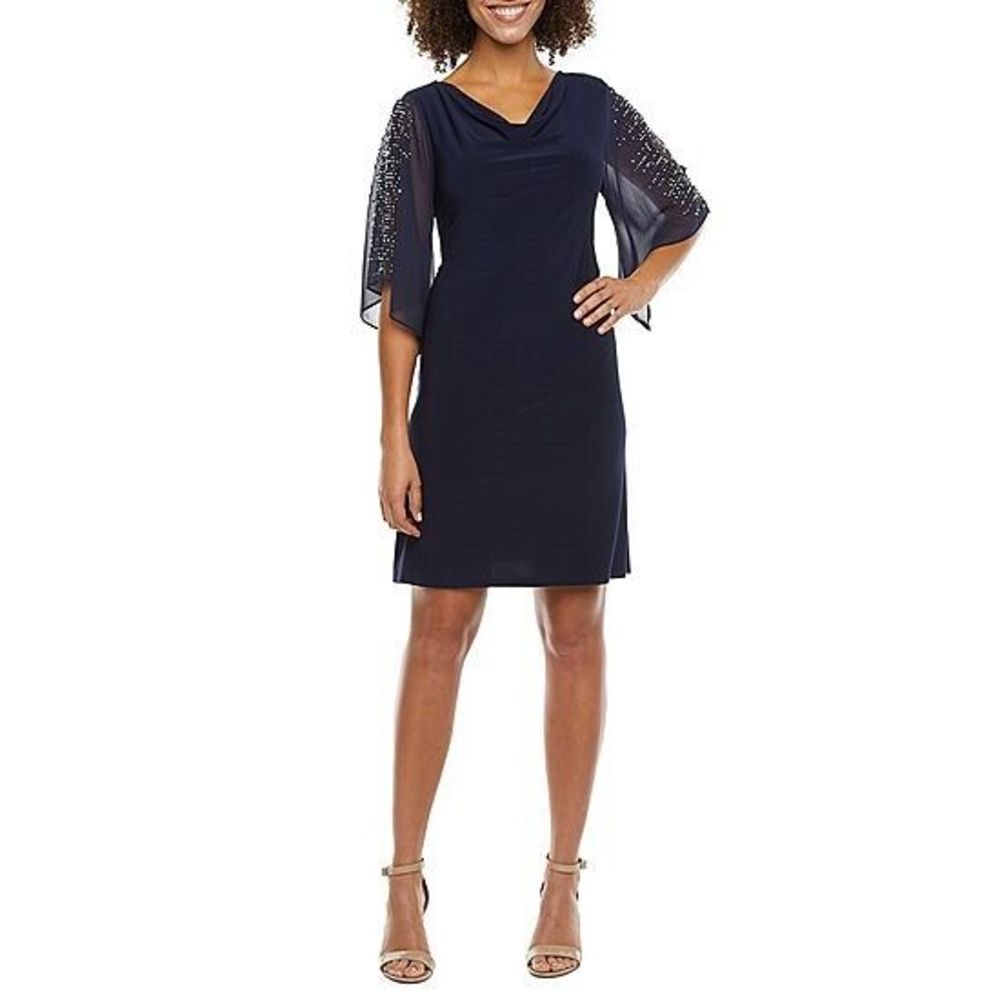 MSK 3/4 Beaded Sleeve Shift Dress Navy M NEW 192081